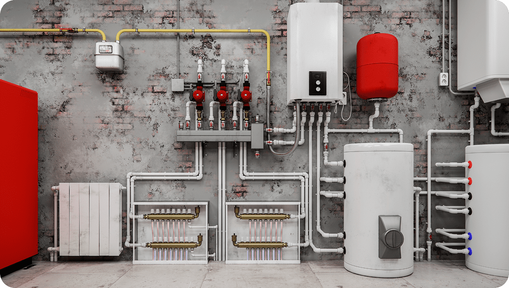 Complex network of heating pipes and valves